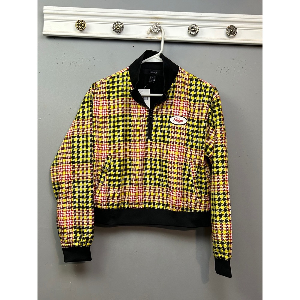 Forever 21 Womens Yellow Houndstooth Plaid Tokyo Patch Cropped Zip Jacket S